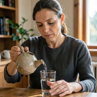Vertical portrait of a counselor pouring water from a stoneware pitcher into a g