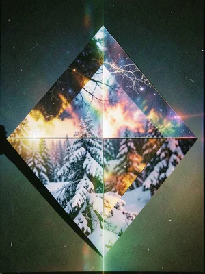 Double exposure of ornament close-up with snowy forest, geometric frame