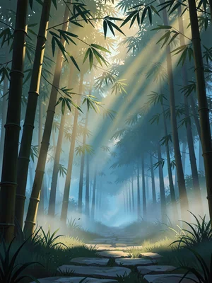 Mist-laden bamboo grove pierced by slanting sun shafts, warm yellow-green light 