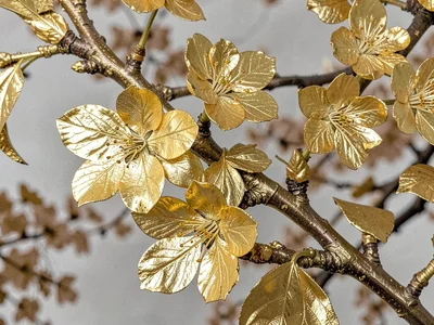 A branch of cherry blossoms with gold leaf covering the open petals
