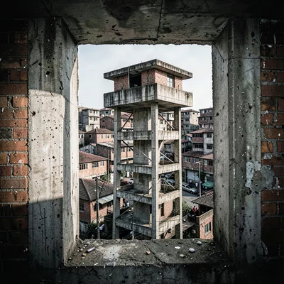 Post-industrial Johannesburg brutalism with harsh flash, Alexandra township dens
