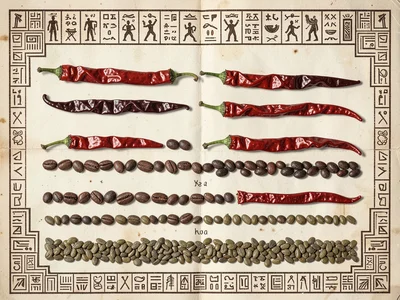 Dried chili peppers, cocoa beans, and pumpkin seeds arranged in sequential rows,