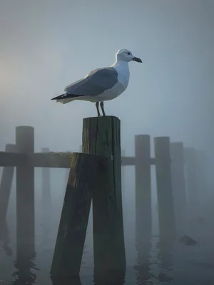 Old fishing pier post with a faceted seagull perched on top while gray-blue fog