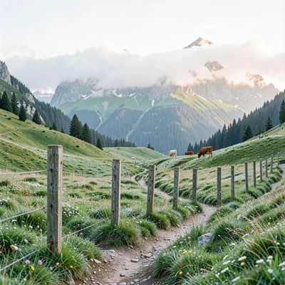 Fresh Alpine atmosphere, gentle pastoral quality, Wooden fence posts along mount
