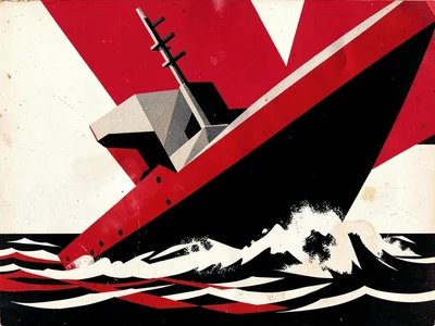 Ship prow cutting through water rendered as hard angular wedge forms
