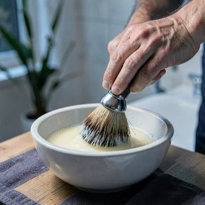 Editorial close-up of a man's hands working a shave brush in a soap bowl, cool s