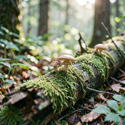 moss-covered fallen log with mushrooms, woodland detail
