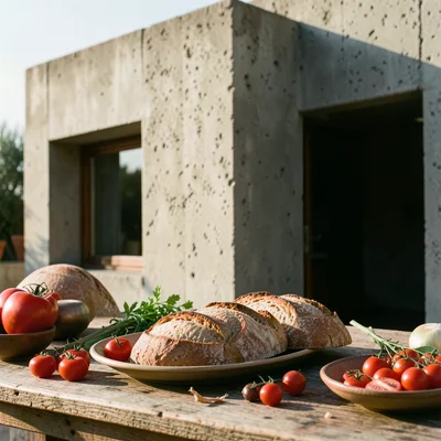 Brutalist concrete building but concrete texture is actually bread crust, close-