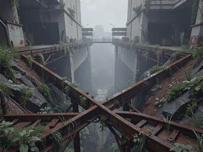 Conveyor belt overgrown junction with two rusted lines crossing at right angles 