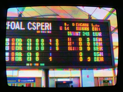 An airport departures board, the flip letters frozen mid-change with video noise
