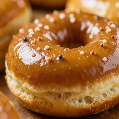 A glazed doughnut: the smooth surface reflecting light, a few sprinkles casting 