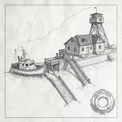A harbor lifeboat-station plan with launch-ramp, boat-house, training-tower, cre