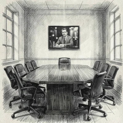 Editorial charcoal of a meeting room with a film still on the wall, deep blacks