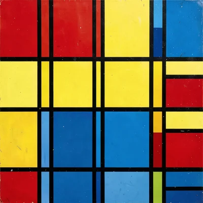 Close-up of a painted window grid — red, yellow, blue panes and black mullions