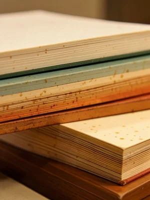 Stack of five books seen from fore-edge, each book a different age and paper col