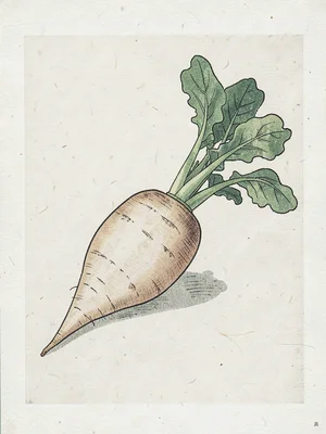 Daikon radish with greens still attached, side view on plain ground