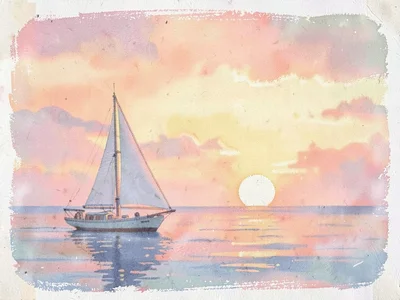 Sunset over calm water with sailboat
