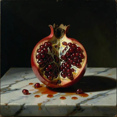 Single pomegranate split open revealing seeds, juice staining white marble, Cara
