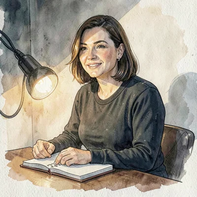 Three-quarter portrait of a co-host with a notebook on their lap, single tungste