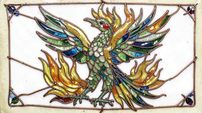 Cloisonné enamel illustration, phoenix in flames , copper wire outlines, glass e