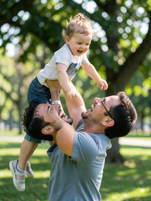 Father lifting a toddler above his head in a park, both laughing