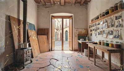 Layered mixed-media painting on wooden panel, Mediterranean studio light, earth 