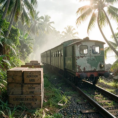 Tropical light on Sri Lankan colonial decay, Goods train carrying tea crates, wo