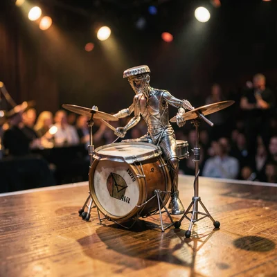 Bottle cap used as drum, tiny drummer made of wire, concert setting