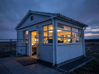 Control room windows glowing warm against cold exterior