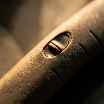 Side-lit macro of carved ergonomic handle with thumb groove