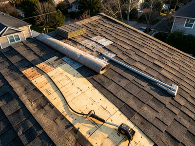 A roof being re-shingled, half stripped to the plywood decking and half still co
