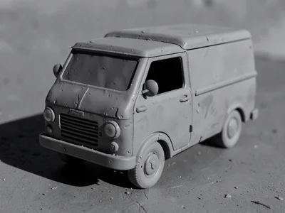 Lumbering grey delivery van with slab sides and tiny round headlights set deep i