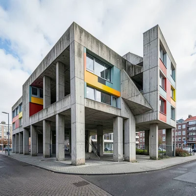Post-war reconstruction modernism, Rotterdam radical geometry, Brutalist concret