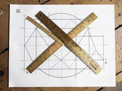 Architect's T-square and set square crossed on white drafting board