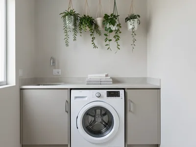 Laundry room with front-load washer, folded linens on counter, hanging plants ab