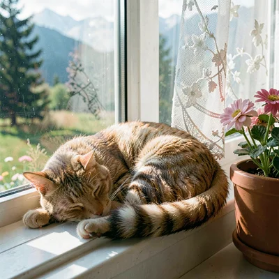 Fresh Alpine atmosphere, gentle pastoral quality, Cat sleeping curled on windows