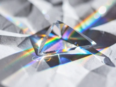 Rainbow caustic pool of light on crumpled white paper, the paper folds creating 
