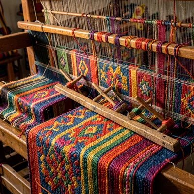 Densely layered composition, rich saturated colors, Weaving loom with multiple c