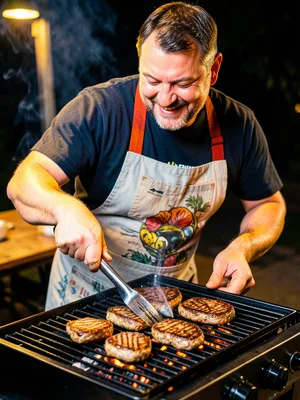 Person flipping steaks on grill, tongs in hand, apron, evening light