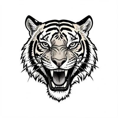 Traditional tattoo flash illustration, Tiger head roaring, front facing , bold b
