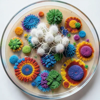 Fungal colony aerial mycelium, fuzzy white growth rising above agar surface, thr