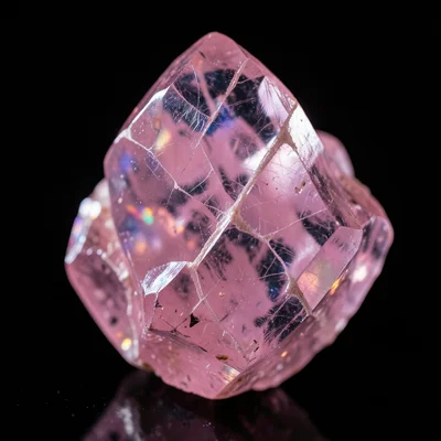 Rose quartz cluster with internal fractures catching light, translucent pink, da