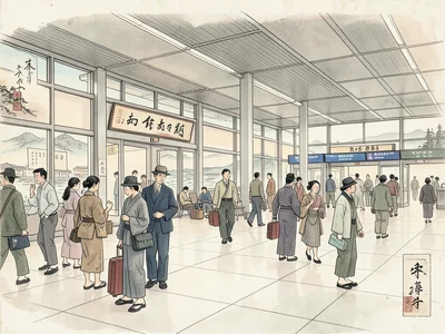Airport terminal in ukiyo-e style, travelers as figures in traditional compositi