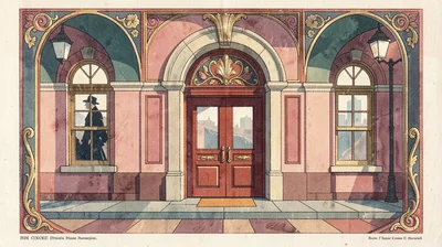 Gouache illustration, metro entrance art nouveau style , opaque matte pigment, f