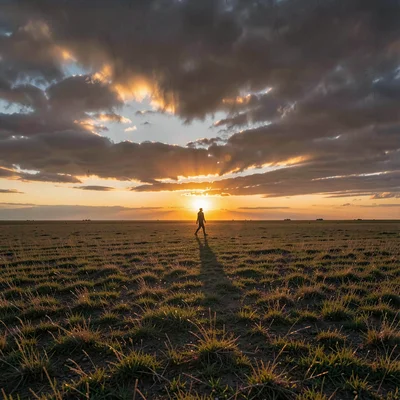 Vast horizontal landscape, extreme width composition, Person walking with long s