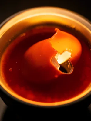 Lava lamp interior macro, wax blob deforming and splitting, warm backlight