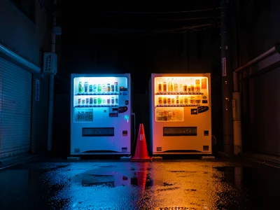 Two vending machines side by side on a Tokyo side street after rain, one glowing
