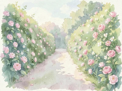Garden path through flowering hedges