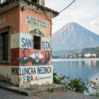 Colonial color against volcano in Granada, Nicaragua, A fading Sandinista mural 