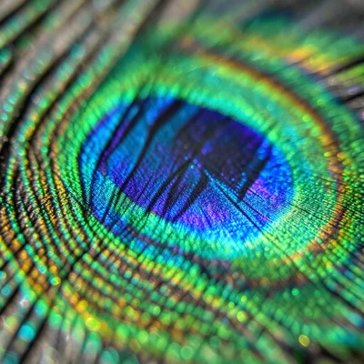 Peacock feather barbule extreme macro, structural color from melanin thin-film c